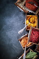 Rustic herb and spices still life on slate