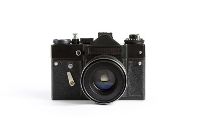 Black Vintage Photo Camera With Lense Isolated on a White Background