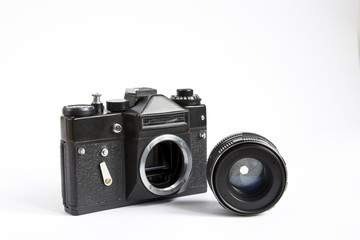 Black Retro Photo Camera With Lense Isolated On White Background