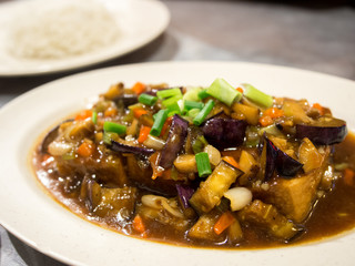 Tofu with vegetables and rice in chinese restaurant in Georgetown, Penang, Malaysia