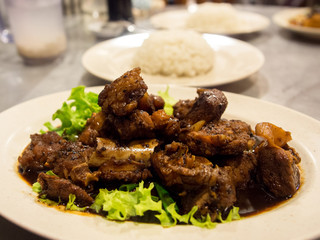 Pork in soy sauce in chinese restaurant in Georgetown, Penang Malaysia