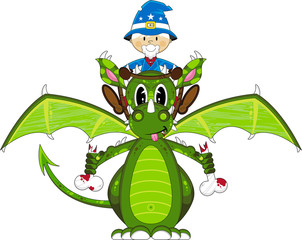 Cartoon Magical Wizard and Dragon
