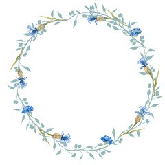 a wreath of flowers.  Sketch watercolor, flowers and branches. 
