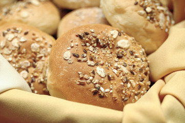 Close-up of freshly baked wheat oat buns