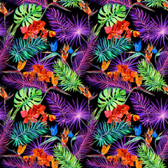 Tropical leaves, exotic flowers in neon glow. Repeating hawaiian pattern. Watercolor