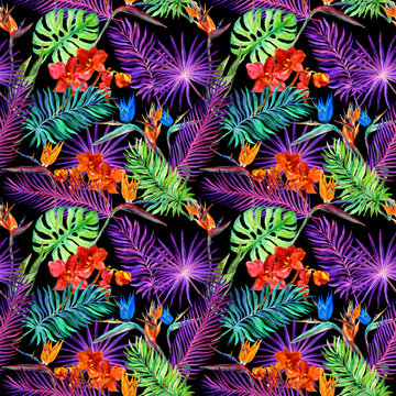 Tropical leaves, exotic flowers in neon glow. Repeating hawaiian pattern. Watercolor