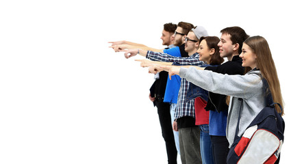 group of young people pointing at something