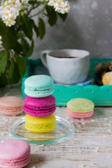 Different macaroons on a light wooden background and bird-cherry branches
