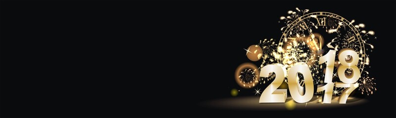 Hintergrund Silvester 2017 / 2018 mit Feuerwerk und Uhr 