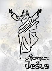 A stylized illustration of the dome in Church of the Holy Sepulcher. .   Drawing of the silhouette of the ascension of  Jesus Christ. Handwritten text. Words about God. Vector design