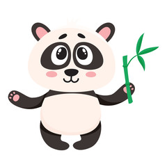 Cute and funny smiling baby panda character holding bamboo branch in paw, cartoon vector illustration isolated on white background. Cute little panda bear character, mascot with bamboo leaves