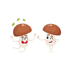 Two funny porcini mushroom characters, one jumping from happiness, another showing thumb up, cartoon vector illustration isolated on white background. Couple of happy porcini mushroom characters