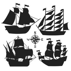 Set of simple sketch illustrations old sailboats, pirate ships with a sail silhouette © samuii