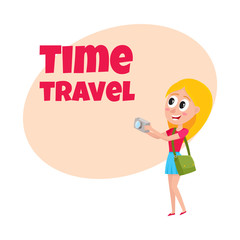 Travel time poster, banner, postcard design with pretty woman, tourist on vacation tour, making photo, cartoon vector illustration. Full length portrait of young woman, girl tourist making photo