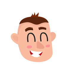 Young man face, laughing facial expression, cartoon vector illustrations isolated on white background. Handsome boy emoji laughing out load with closed eyes and open mouth. Laughing face expression