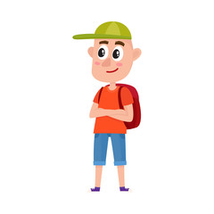 Funny teenage boy tourist with backpack wearing shorts and baseball cap, cartoon vector illustration isolated on white background. Full length portrait of boy, student, traveling on vacation