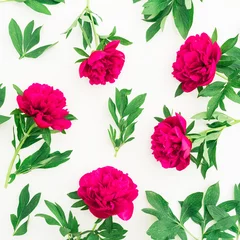 Poster Floral pattern of peony and leaves on white background. Flat lay, top view. Pattern made of flowers © artifirsov