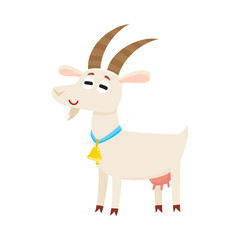 Farm goat with big eyes and horns, wearing bell, cartoon vector illustration isolated on white background. Cute and funny farm goat with friendly face and big eyes