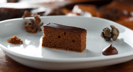 Chocolate cake on white plate