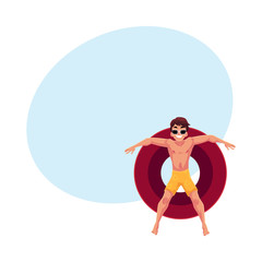 Young man in sunglasses resting on floating inflatable ring in star position, top view cartoon vector illustration with space for text. Young man floating on inflatable ring, enjoying summer