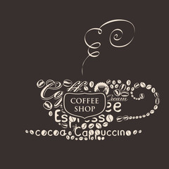 template vector banner for coffee shop with cup of coffee of the words and grains
