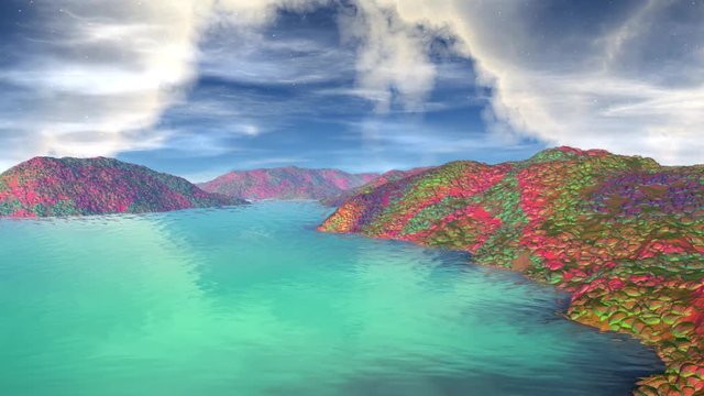 Mountain and lake. Landscape of stranger planet. Animation. 4К