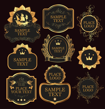 set of vector ornate labels templates in baroque style in black and gold colors