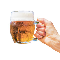 Hand with a mug of beer on a white background