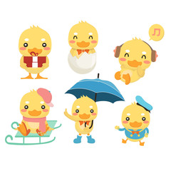 Happy duck cartoon collection set on white background.
