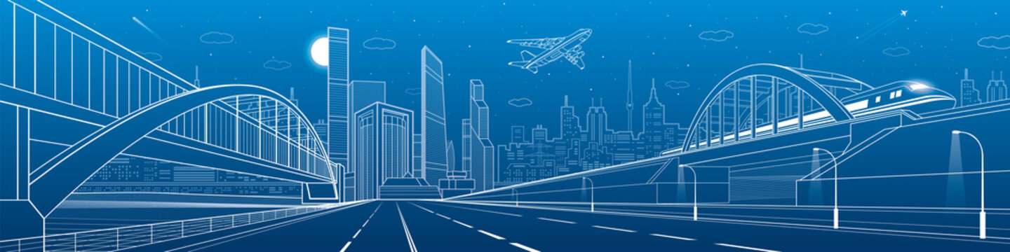 Pedestrian and railway bridges over highway. Urban infrastructure panorama, modern city on background, industrial architecture. Airplane fly.  White lines illustration, night scene, vector design art