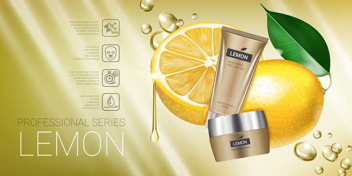 Lemon skin care series ads. Vector Illustration with lemon cream tube and container.