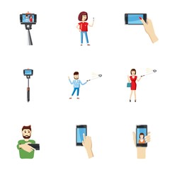 Shooting on cell phone icons set, cartoon style