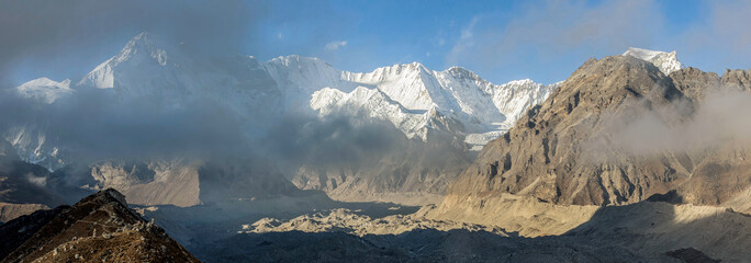 Panorama of glacier Gokyo with peaks Cho Oyu (8201 m) - Gokyo region, Nepal, Himalayas