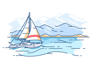 Naklejki  Sailing yacht in sea. Boat trip on ocean. Vector illustration