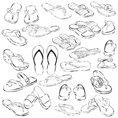 Hand drawn set of summer doodles shoes.