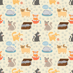 Cute cats character different pose vector seamless pattern