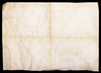 Background for inscriptions. Old paper, crumpled, yellow on bend.
