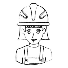 monochrome blurred contour with half body of female worker with helmet vector illustration