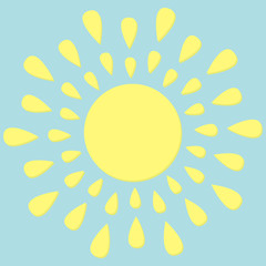 Sun round icon. Yellow rays of light. Cute cartoon shining object. Hello summer. Blue background. Flat design