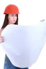 Young Girl with tools for building and a empty poster