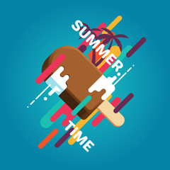 Colorful summer poster with ice cream, palm trees, geometric objects and splashes. Summer vector illustration