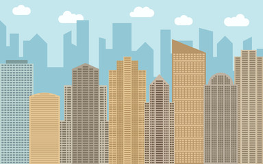 Vector urban landscape illustration. Street view with cityscape, skyscrapers and modern buildings at sunny day. City space in flat style background concept.
