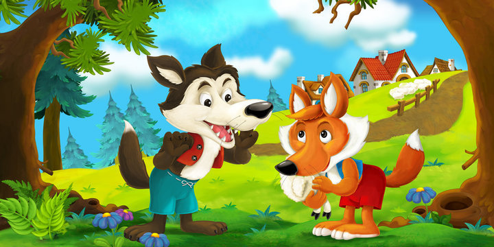 cartoon scene of a wolf and a fox talking to each other after stealing sheep from the village - illustration for children