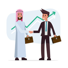 Business deal handshake with Arabic and European ethnic mans. flat character design. vector illustration