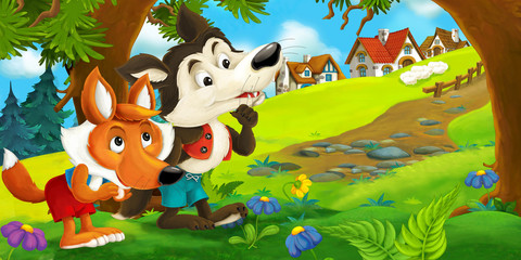 cartoon scene of a wolf and a fox talking to each other in front of the village - illustration for children