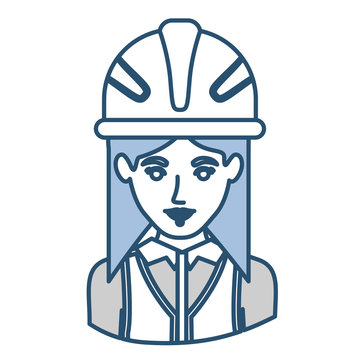 blue silhouette with half body of female architect with helmet vector illustration
