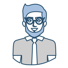 blue silhouette with half body of man with glasses and shirt with tie and bearded vector illustration