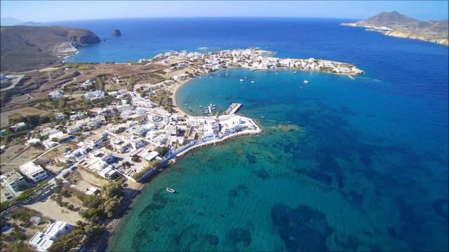Drone flight over the village of Pollonia on the Island of Milos in Greece.