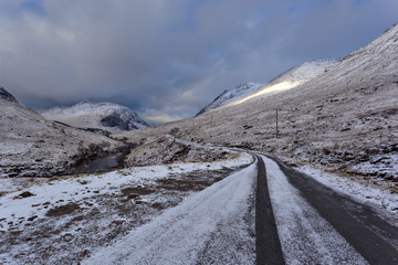 Winter landscape of Scottish nature with Glencoe mountains at Glen Etive
