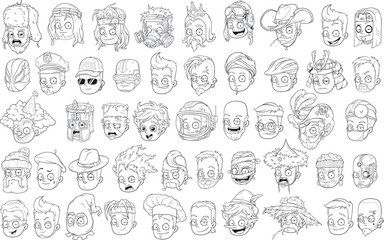 Funny different cartoon black and white characters heads big vector set for coloring